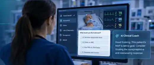 Concept illustration of a nurse using a simulated clinical training environment with patient monitors